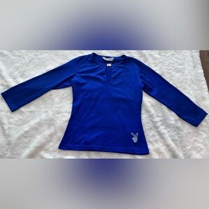 Vintage Playboy Blue 3/4 Long Sleeve Keyhole Neck Logo Top Women's Size Large L
